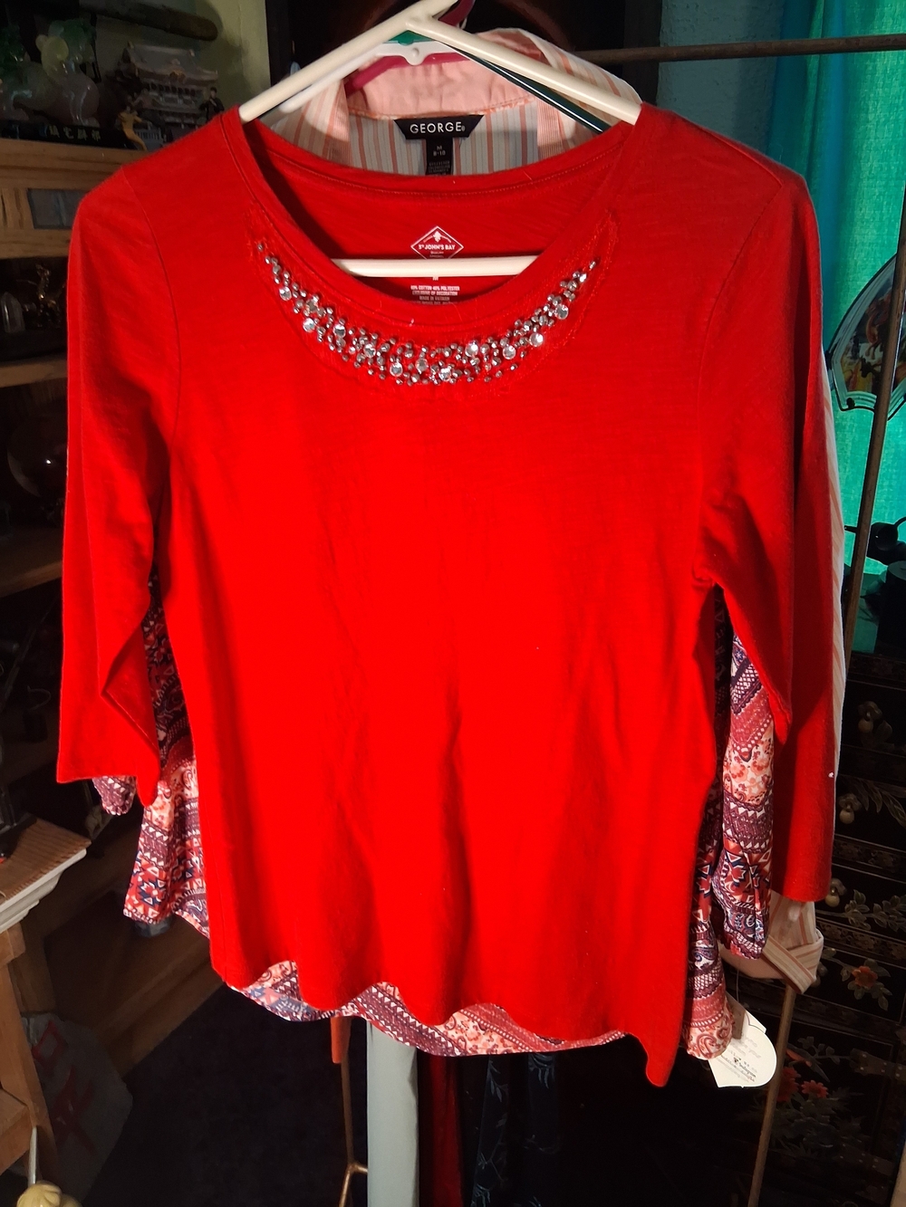 St. John's Bay Red Jeweled-Neck 3/4 Sleeve Top